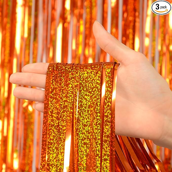 Upgraded Thicker Melsan Tinsel Fringe Curtain, 3 Pack 3.2 x 8.2 ft Orange Metallic Streamers with Extra Tape, for Basketball Party Decorations Baby Shower Graduation Decorations 2026