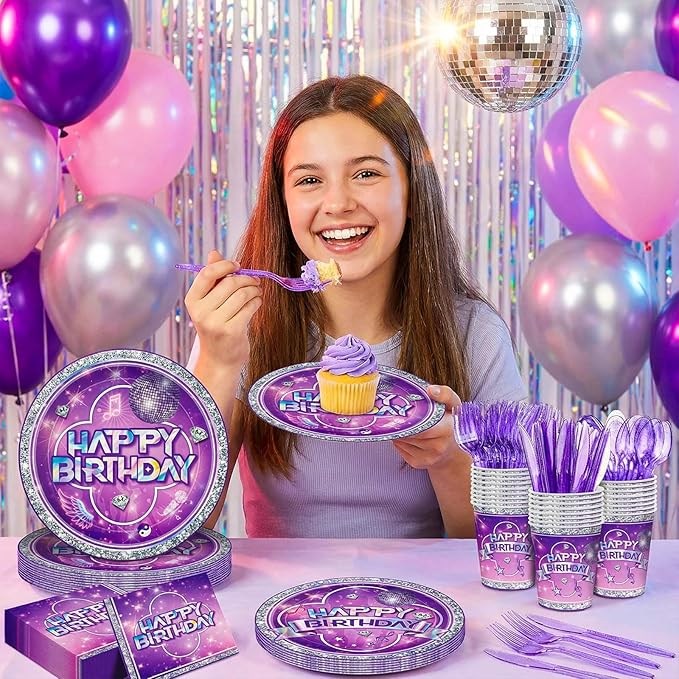168pcs Music Party Supplies Paper Plates Napkins Disposable Paper Cups Purple Fork Tableware Set Purple Music Birthday Party Decoations for Girls Birthday Supplies Serve 24
