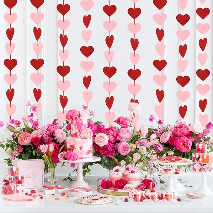 4PACK Valentine's Day Garland, 40PCS Hearts, Felt Decorations, Red Pink Banner Pre-Assembled Vertical Heart Garland for Window Ceiling