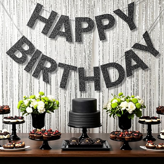Happy Birthday Banner - 9ft Pre-Strung Happy Birthday Sign for Women, Men, Girls, Boys - No DIY Birthday Decorations & Party Supplies(Black Glitter)