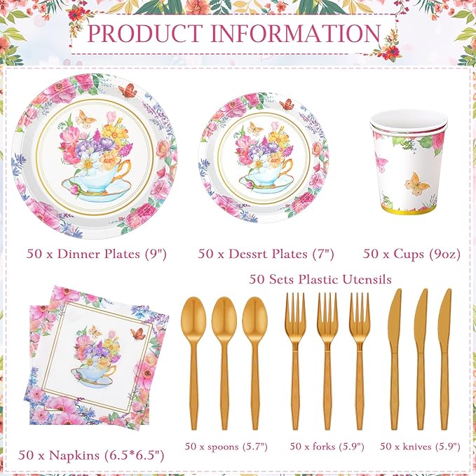 352 Pcs Tea Party Disposable Tableware Set Tea Party Supplies Serve 50 Guests Paper Plates Cup Napkin Plastic Cutlery Tablecloth for Wedding Bridal Birth Baby Shower Dinner