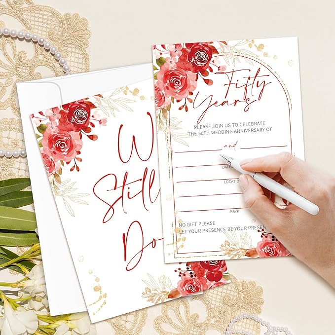 Floral 50th Wedding Anniversary Invitations, 50th Anniversary Invites, Wedding Party Supplies, 25 Pcs Cards & Envelopes /13