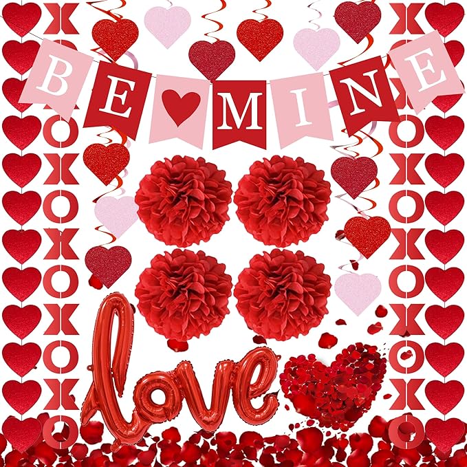 Red Valentine's Day Decoration Set, BE MINE Banner, Love Heart XO Garlands, Rose Petals, Hanging Swirls, Foil Love Balloons For Party Home Classroom Wedding Bedroom Office