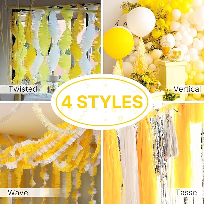PartyWoo Light Yellow Crepe Paper Streamers 4pcs 328ft Pack of Pastel Pale Yellow Crepe Paper Streamers for Birthday Graduation Engagement Baby Shower Summer Sunflower Little Cutie Party Decorations