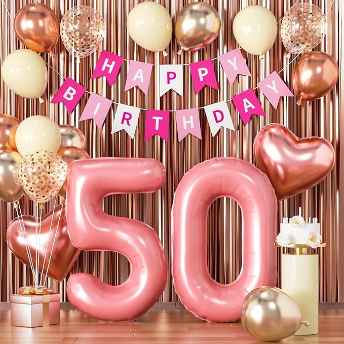 50th Birthday Decorations for Women, Rose Gold and Pink Party Supplies Set with Happy 50th Banner, Number 50 Balloon and Foil Fringe Curtains, 50 Year Old Kit