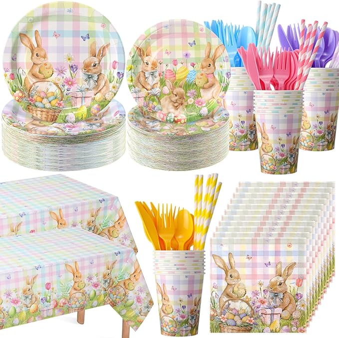 Ceenna 452 Pcs Easter Party Supplies for 50 Guest, Pastel Easter Bunny Paper Plates Napkins Cups Tablecloth Cutlery Straw Disposable Tableware for Rabbit Baby Shower Wedding Birthday Party Decoration