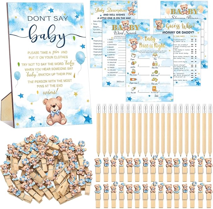 Patelai 321 Bearly Wait Baby Shower Decorations Blue Bear Party Supplies Bearly Wait Baby Shower Games 5 Set Don't Say Serves 50 Guests for Blue Bear Gender Reveal Birthday Party Decorations Supplies