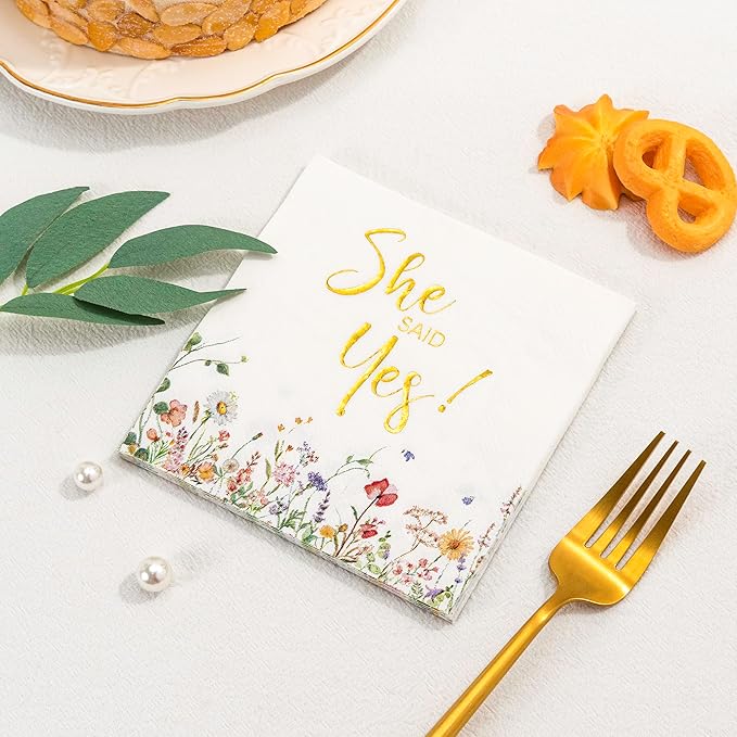 Crisky 3-Ply Engagement Napkins Floral Gold Foil She Said Yes Paper Disposable Napkins for Bachelorette/Engagement/Bridal Shower Party Decoration, 50 Counts