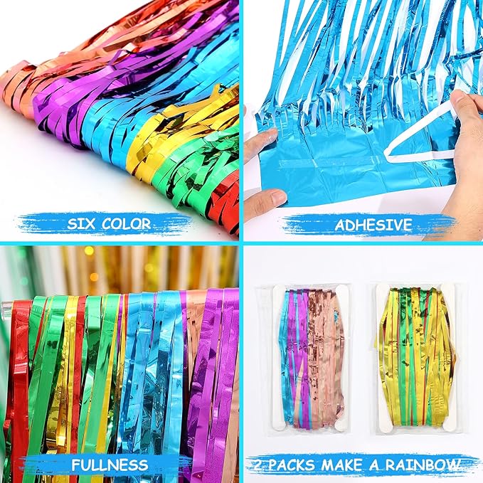 4 Pack Rainbow Foil Fringe Curtains, 3.3ft x 6.6ft Mexican Style Rainbow Streamer Curtain, Photo Booth Props Backdrop for Birthday Party, Christmas Decor, Mexican Cinco De Mayo Decorations