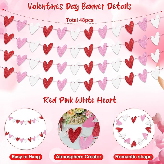 Tifeson 4 Pack Glitter Heart Garland Banner, NO DIY, Valentine's Day Decorations, Red Pink White Paper Heart Banner for Valentines Home Mantle Wall Table Wedding Engagement Anniversary Galentines Decor
