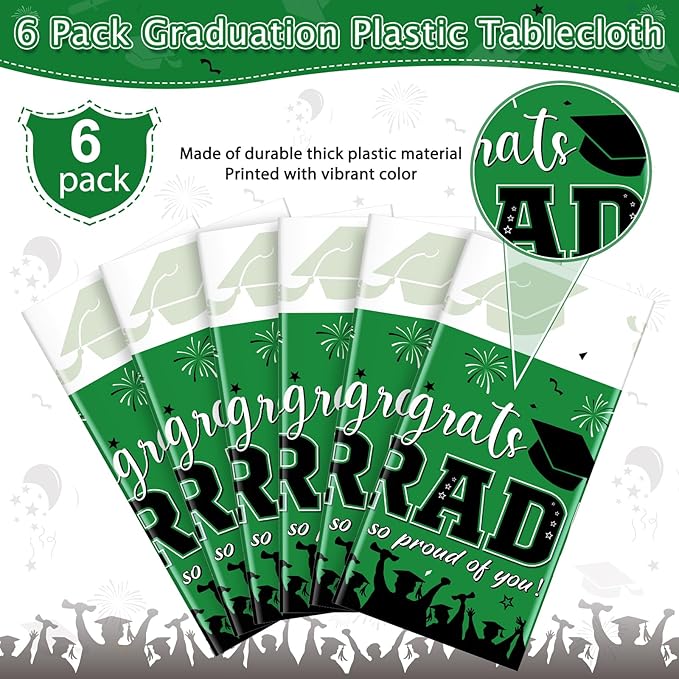 6 Pack Graduation Tablecloth Party Decorations, Class of 2026 Congrats Grad Plastic Tablecover Party Supplies, Green Rectangle Graduation Table Decorations for College High School Party, 54 x 108 Inch