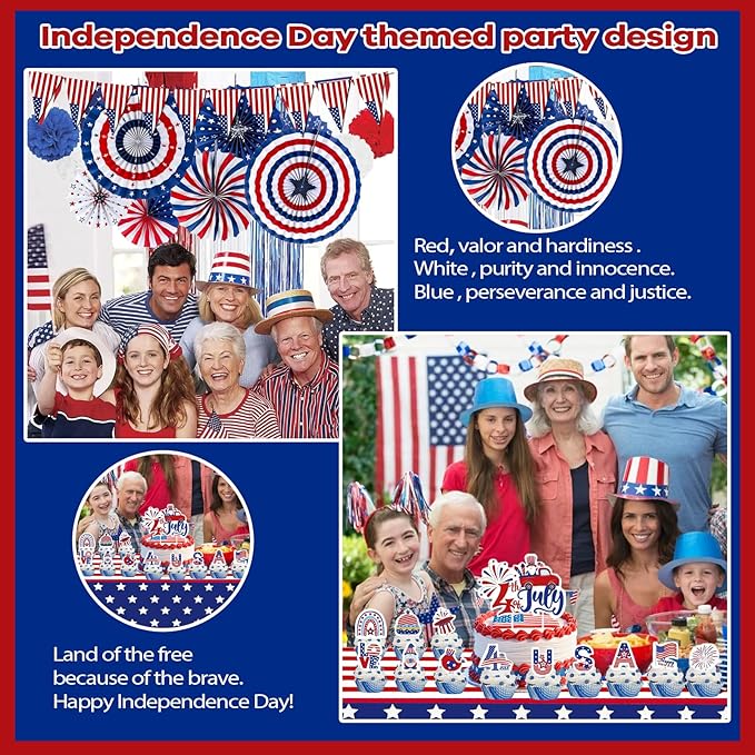 4th/Fourth of July Patriotic Decorations Set Stars and Stripes Old Glory Banner American Flag Hanging Paper Fans Cake Toppers Plates Tableware Tablecloth for USA Independence Day Party Decor Supplies