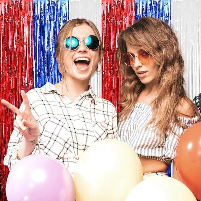 3 Pack White Blue Red Foil Fringe Curtain Backdrop, 3.28Ft x 6.6Ft Metallic Tinsel Foil Fringe Streamer Curtains for Photo Booth, Christmas Day, Thanksgiving, Wedding, New Year Party Decorations