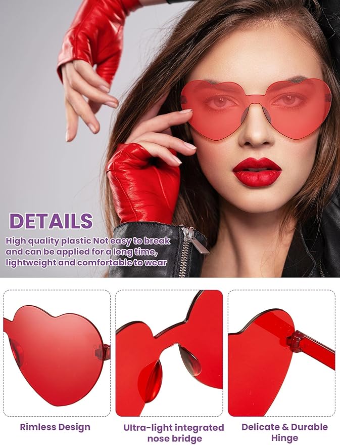 Weewooday 40 Pairs Heart valentines Glasses Rimless Heart Shaped Frameless Sunglasses Transparent Sunglasses Tinted Eyewear