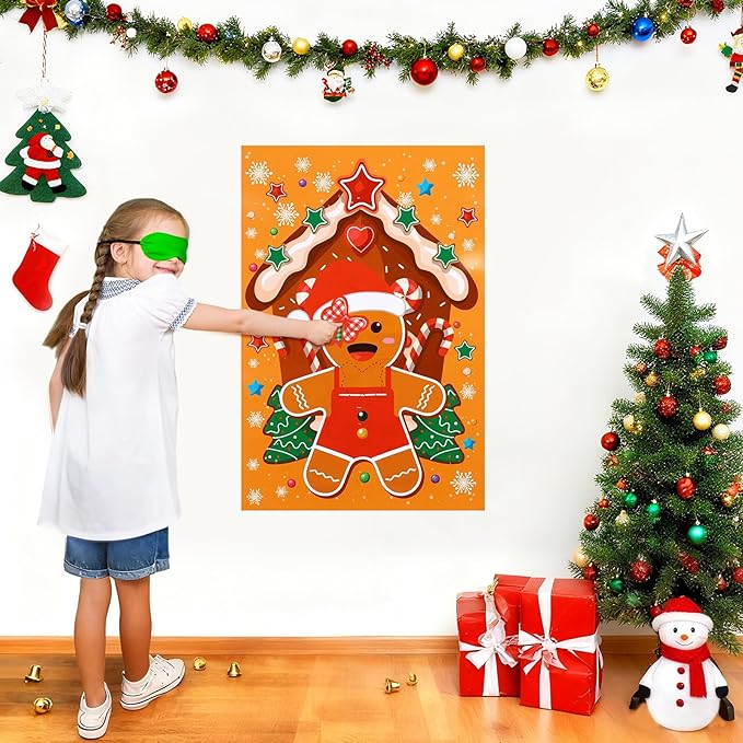 AUGSUN Christmas Party Games Pin The Bow Tie on The Gingerbread Man Activities Xmas Gingerbread Poster with Blindfold and Stickers for Christmas Activity Birthday Party Favor Supplies Family Gathering