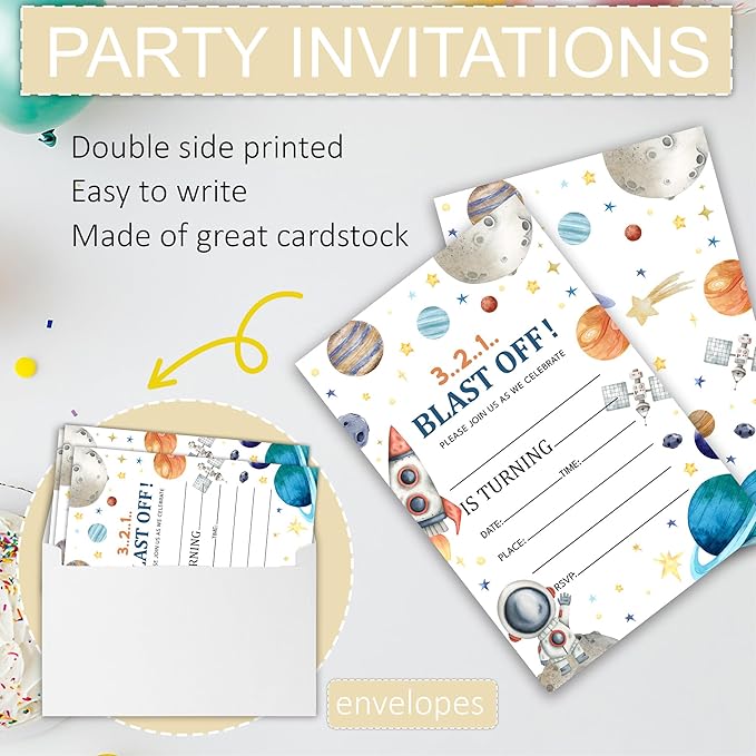 Space Birthday Party Invitations, Astronaut Outer Space Theme Invitation Cards with Envelopes, Fits for Boys Girls Teen, 20 Count Double Sided Printed & Fill In Blank-4 x 6, Party Supplies