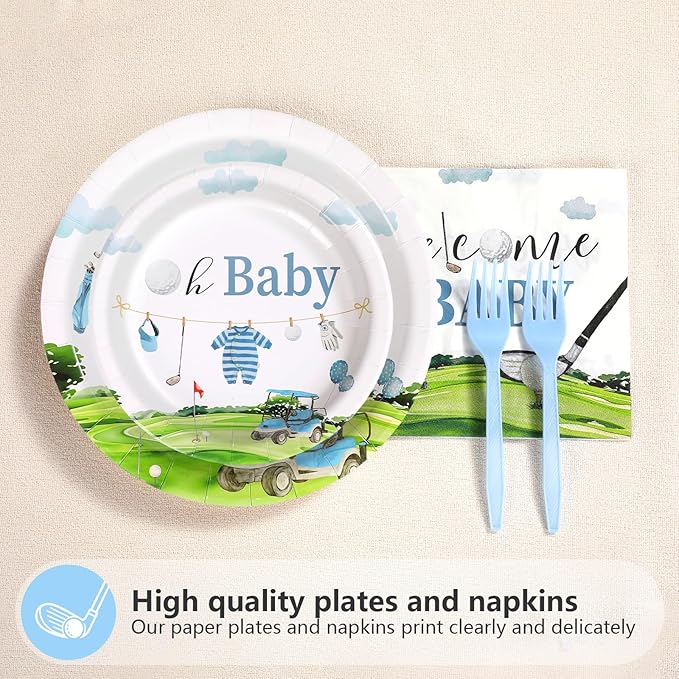 Grencian 96Pcs Golf Baby Shower Party Supplies A Little Putter Plates and Napkins Tableware Sets Green and Blue Decoration for Baby Shower Newborn Pregnancy Boy Girl Birthday Party Serve 24