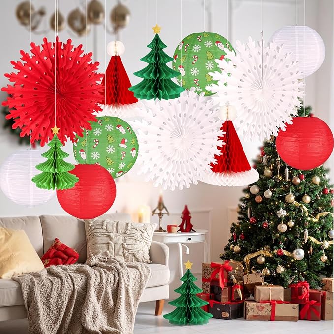 UNIQOOO 14PCS Assorted 3D Christmas Honeycomb Paper Lantern Decoration Garland Set,Celling Hanging Tissue Pine Tree Star, Santa Hat,Snowflake Fan,Japanese Lanterns for Holiday XMAS Party Banner Supply