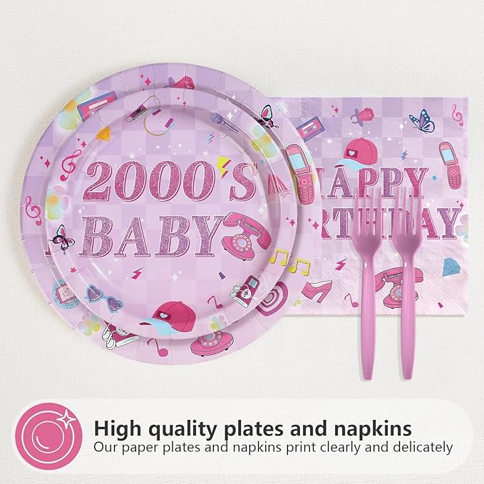 96 Pcs Y2k 2000s Birthday Party Decorations Pink Retro Fashion Plates and Napkins Disposable Early 2000s Theme Tableware Set for Girls Women Teen Birthday Party Supplies Serves 24
