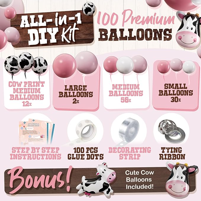 ALL-IN-1 Cow Balloon Arch Kit with BONUS Cows Balloons for Cow Party Decorations - Cowgirl Balloon Arch Kit for Cowgirl Baby Shower Decorations & Cows Birthday Party Decoration