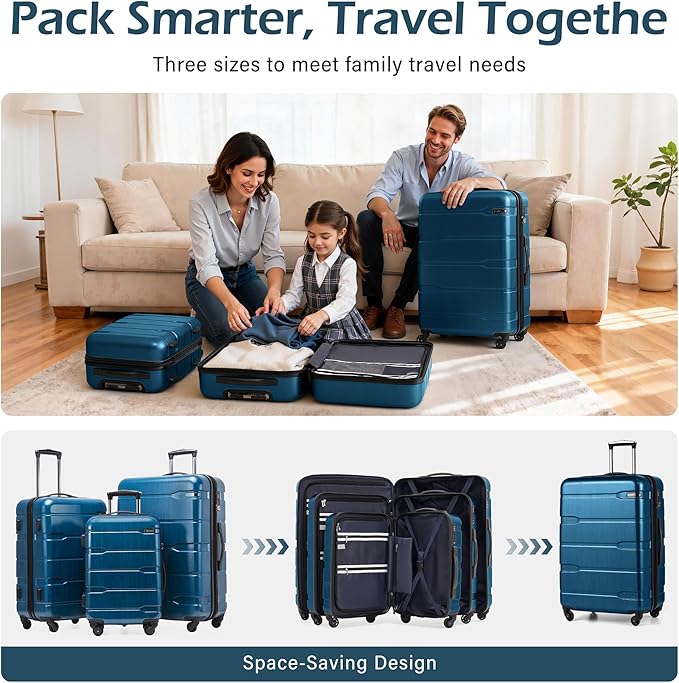 Coolife Expandable Large Checked Luggage Hardside PC+ABS Suitcase with TSA Lock, Lightweight Rolling Carry On with Spinner Wheels(Caribbean Blue, 28in)
