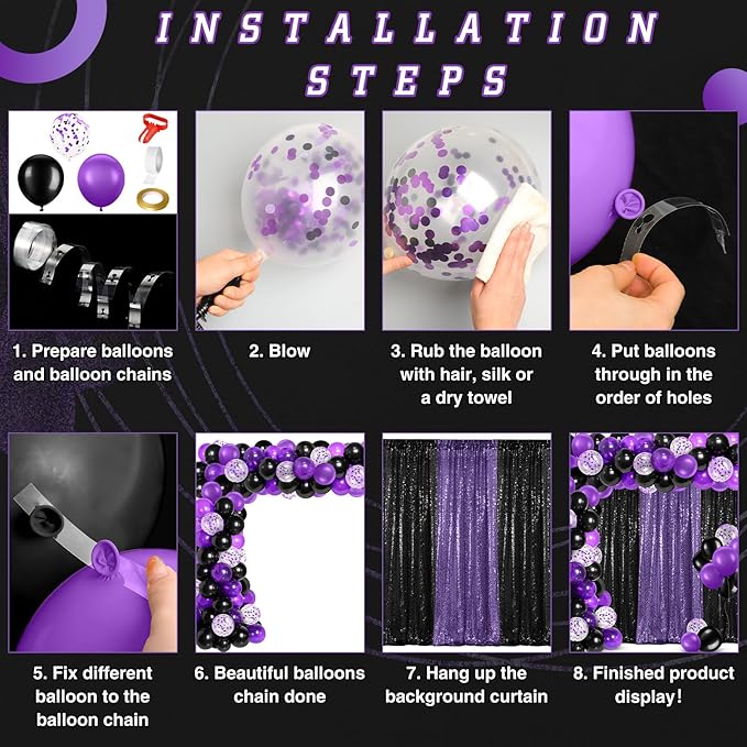 137 Pcs Purple Black Party Backdrop Kits - 4 Sequin Backdrop Curtain 133 Balloon Arch Garland Kit Photo Background for Graduation Birthday Weeding Decor