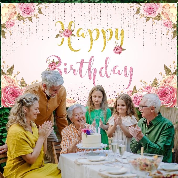 Happy Birthday Banner Pink Birthday Party Backdrop for Women Girls birthday sign Courtyard Photography Background Indoor Outdoor 71 x 47 inches