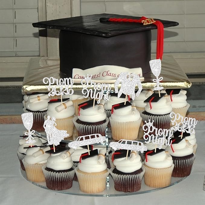 Gyufise 24Pcs Prom Cupcake Topper Prom Decorations for Party 2026 Grad Cupcake Topper 2026 Grad Decor Class of 2026 College Decorations Party Decorations Silver