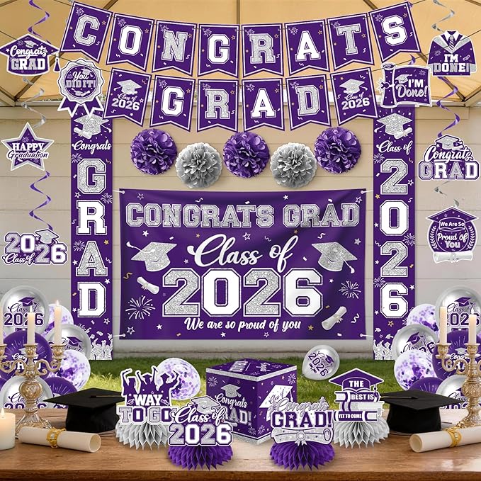 Purple and Silver Graduation Decorations 2026 Set, All-in-1 Kit with Congrats Grad Banner Class of 2026 Backdrop Porch Sign Balloons Centerpieces Card Box Pom Poms Streamers for College High School