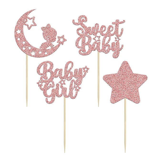 Gyufise 24Pcs Rose Gold Baby Girl Cupcake Toppers Glitter Star Moon Baby Shower Gender Reveal Cupcake Picks Baby Shower Kids Girls Birthday Party Cake Decorations Supplies