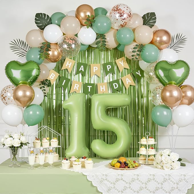Sage Green 15th Birthday Decorations for Quinceanera, Mis Quince Party Supplies with Green Number 15 Balloon, Sand White & Cream Balloon Kit and Fringe Curtains