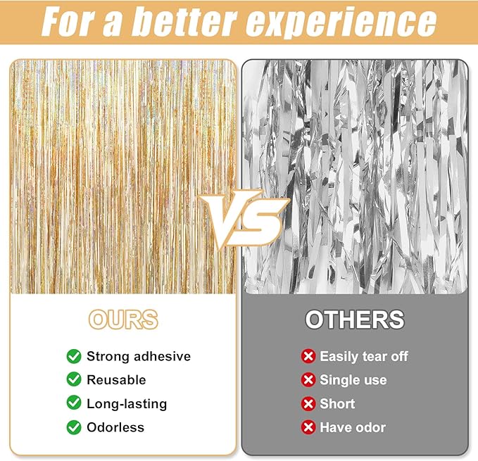 2 Pack Laser Champagne Gold Foil Fringe Curtains Streamers Party Decorations 3.3 x 8.2 ft, Tinsel Curtain Fringe Backdrop for Parties, Door Fringe Birthday Streamers, Photo Booth Backdrops