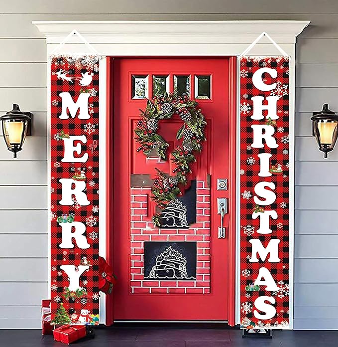 Fecedy MERRY CHRISTMAS Hanging Banner Porch Sign & Christmas Stree Snow Pattern Backdrop for Home Yard Indoor Outdoor Wall Door Party Decorations 72"x12"