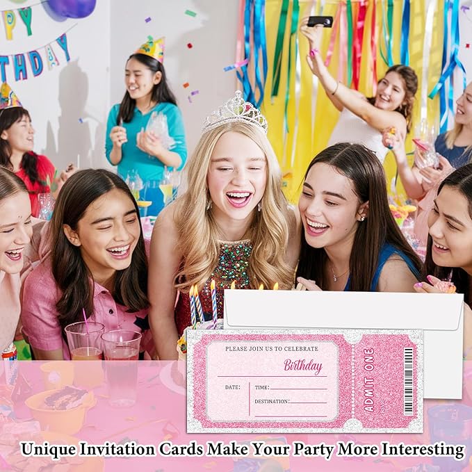 Pink Glitter Birthday Invitation Ticket, Glitter Invitation for Girls Teens, 20 Ticket With Envelopes, 3.5 x 8 inch Double-Sided Fill In Birthday Party Personalized Invites Cards - B