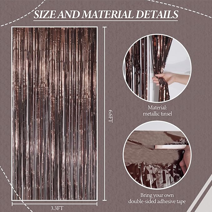 2 Pack Foil Fringe Backdrop - Brown Shiny Tinsel Curtains for Party Decoration/Photo Booth Props - 3.3x6.6 FT Metallic Foil Backdrop for Birthday, Wedding, Graduation, Christmas.