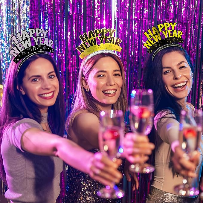 Melisheer 12 PCS New Years Eve Party Supplies, Happy New Years Headband Party Favors Gold Silver Black Headband Accessories