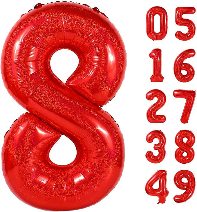 Laser Red 8 Balloon, Number Balloons 40 Inch, 8th Birthday Decorations for Girls, Birthday Balloons, Laser Red Party Supplies, Number 8 Balloon