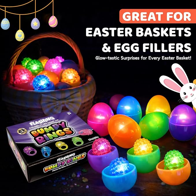 Kangaroo 24 Pack LED Light up Rings for Kids Bulk - Flashing Colorful LED Finger Lights Party Favors for Fun - Glow in the Dark Bumpy Blinky Rings for Rave Trinkets and Easter Basket Stuffers for kids