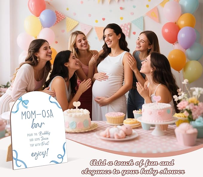 Blue Bow Mom-osa Bar Sign for Baby Shower, 6x8 Inch Arch Wooden Sign with Stand, Blue Baby Shower Table Sign, Gender Neutral Party Decoration - QW14