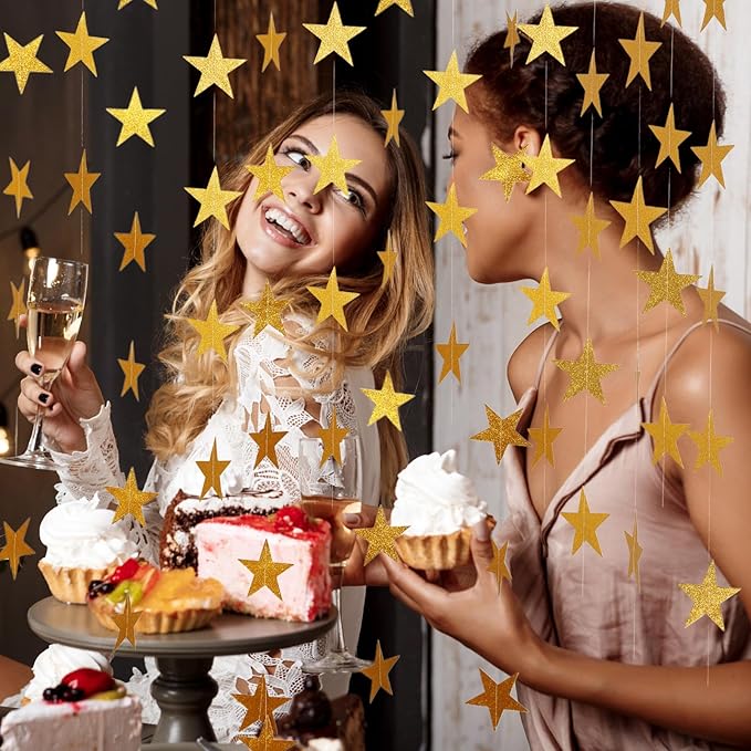 Spakon 65 Feet Glitter Star Paper Garland Banner Hanging Decoration Star Streamers Double Side 2026 Graduation Decorations for Wedding Birthday Festival New Year Party Decoration(Glitter Gold)