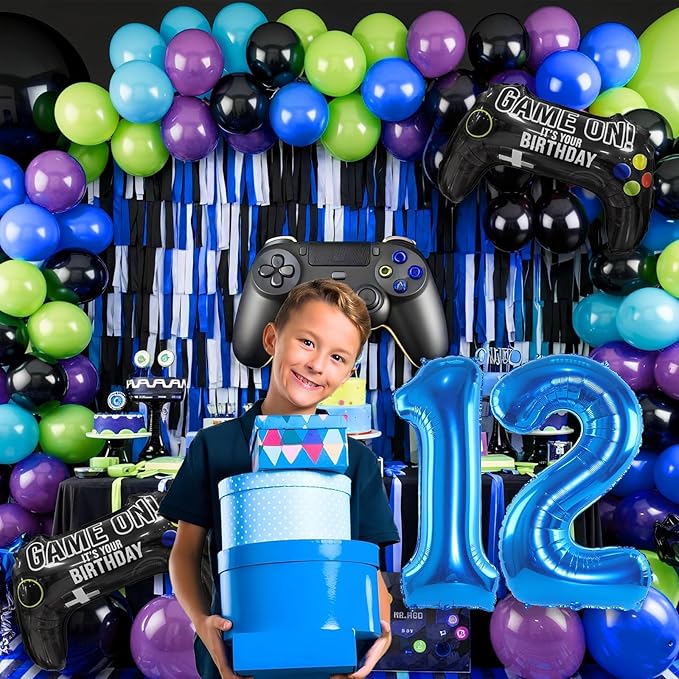 12th Birthday Video Game Balloons Arch, 12th Game Party Balloons Garland Kit 12th Birthday Supplies with Blue Number 12 Foil Balloons for 12 Year Old Teens Boys Birthday Decor