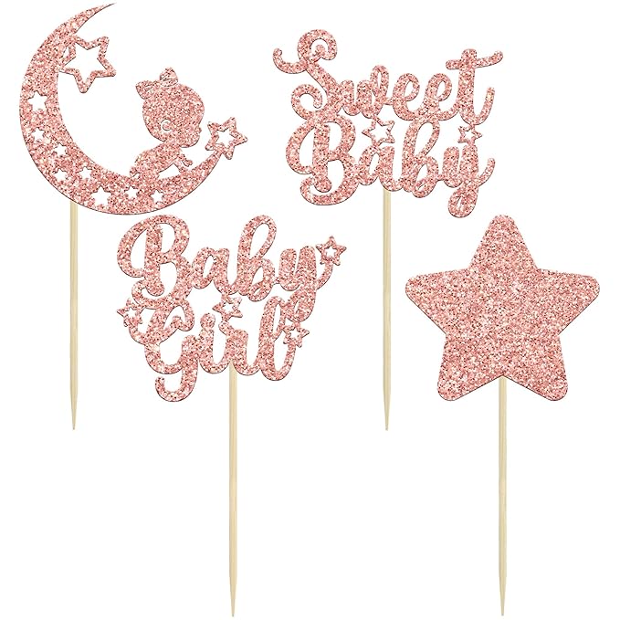 Gyufise 24Pcs Rose Gold Baby Girl Cupcake Toppers Glitter Star Moon Baby Shower Gender Reveal Cupcake Picks Baby Shower Kids Girls Birthday Party Cake Decorations Supplies