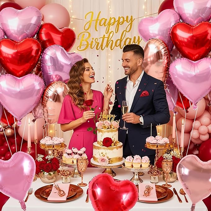 TONIFUL 30Pcs 18 Inch Rose Gold Red PInk Balloons Heart Shape Foil Mylar Banners Decoration for Birthday Valentine's Day Wedding Bridal Shower Anniversary Engagement Party Supplies