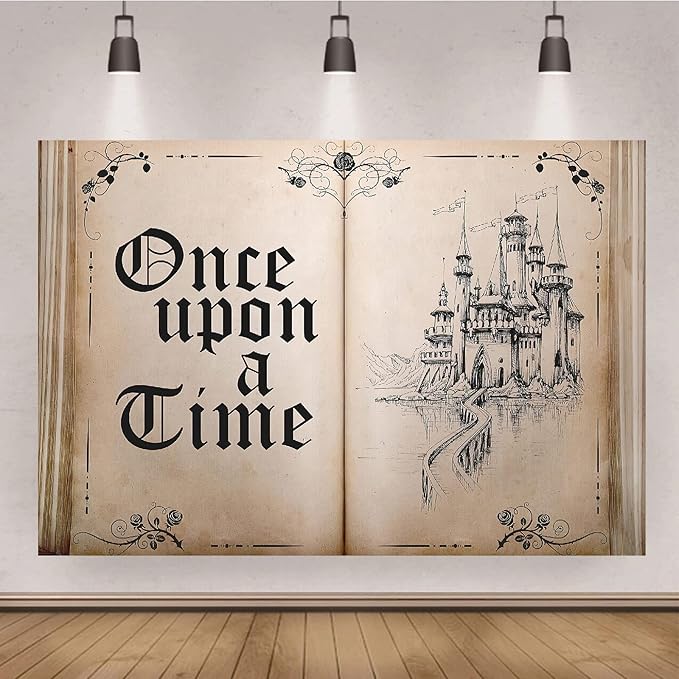 Fairy Tale Books Backdrop Once Upon a Time Backdrops Ancient Castle Princess Romantic Wedding Birthday Party Decorations Magic Book Background Banner Props 5x3FT