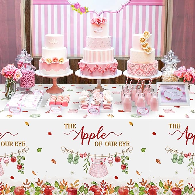 K1tpde Apple Baby Shower Tablecloth - 3PCS The Apple of Our Eye with Watercolor Flower Plastic Tablecloth, Disposable Sweet Baby Tablecover, Spring Floral Party Supplies for Birthday Decorations