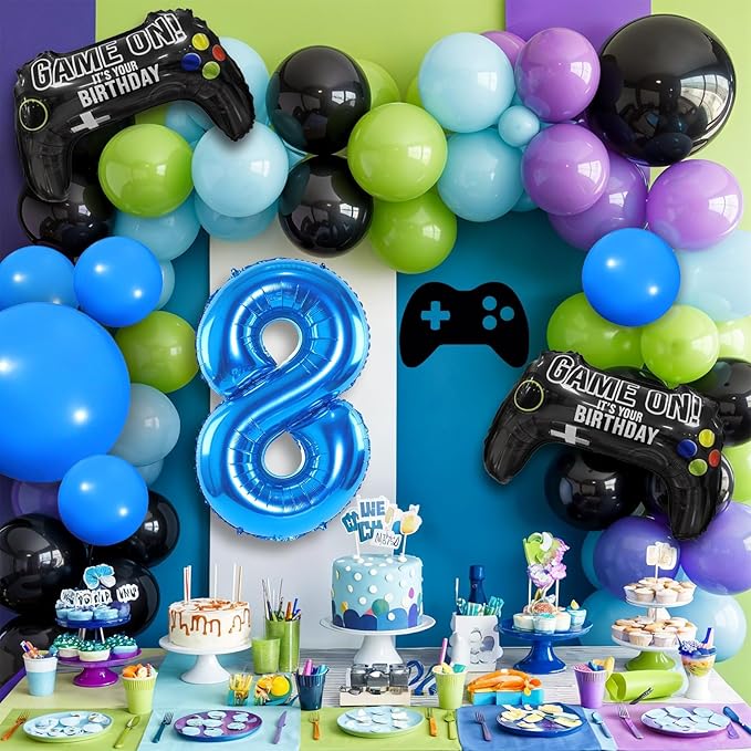 8th Birthday Video Game Balloons Arch Kit, 108pcs Blue, Black, Light Olive Green, Purple Balloons, Video Game Themed Foil Balloons, Boys Birthday Decor