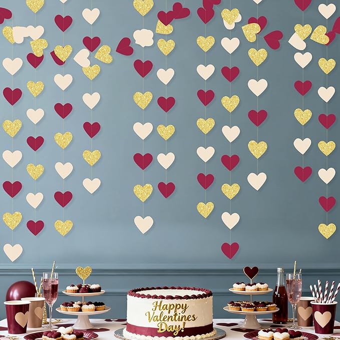 Maroon Gold Party Decorations Burgundy Beige Glitter Gold Paper Love Heart Hanging Banner Garland Streamer for Birthday Wedding Anniversary Engagement Valentines Day Graduation Garnet Party Supplies