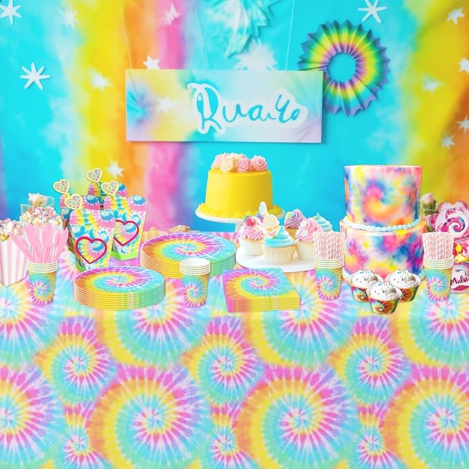 Tie Dye Party Tablecloth Decorations - Disposable Pastel Tie Dye Birthday Party Supplies Table Cover for Girls 1st 2nd 3rd Birthday Baby Shower - 3 Pack (54in x 108in)