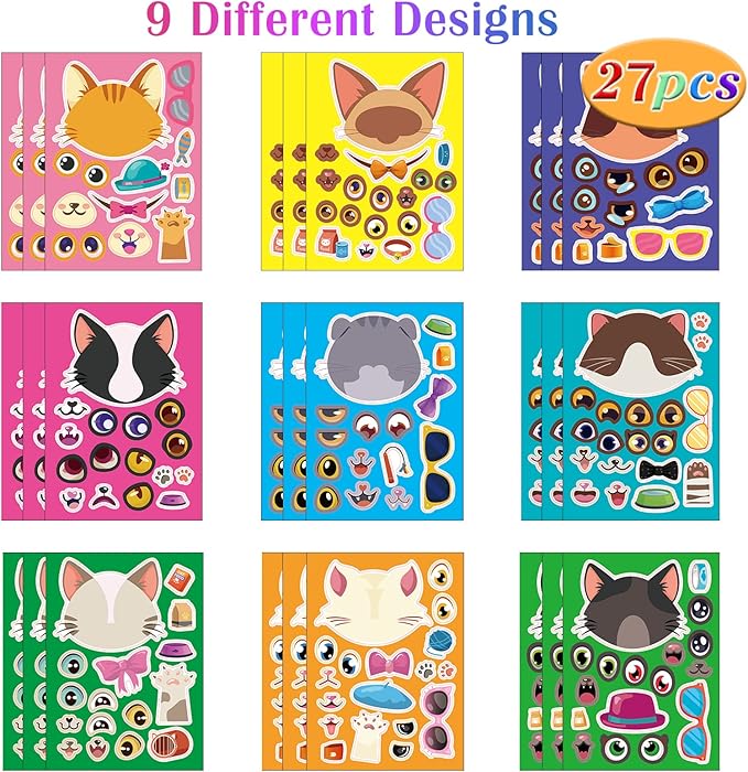 27 Sheets Cat Make a Face Sticker Sheets for Kids Todders Activities, Make Your Own Stickers for Kids Birthday Party Favor Supplies Craft