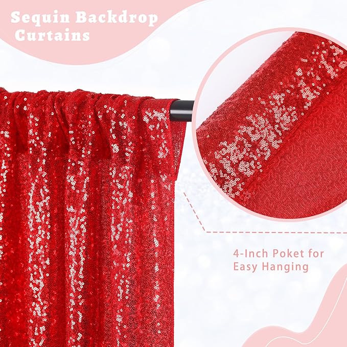 B-COOL Red Sequin Backdrop Curtain 2 Panels 2ftx8ft Shiny Valentines Backdrop Drapes Red Glitter Curtains for Wedding Party Birthday Anniversary Background Decoration